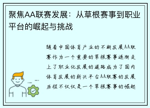 聚焦AA联赛发展：从草根赛事到职业平台的崛起与挑战